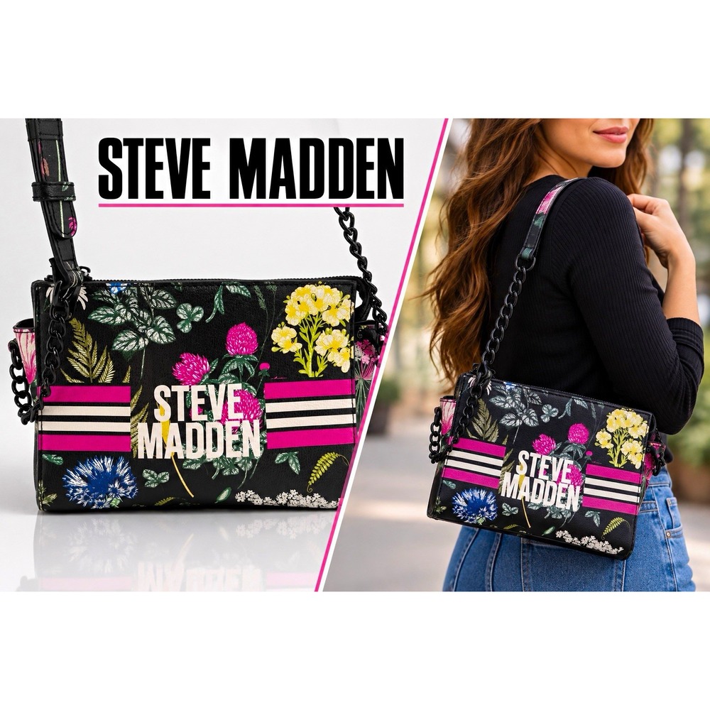 Steve Madden Floral Bold Logo Zip Crossbody Bag Small Black Pink Chain Strap